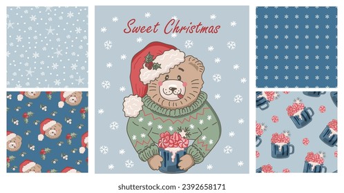 Bear in Santa hat with winter hot drink with marshmallow. Christmas and New Year seamless patterns with bear in Santa hat, mug with hot drink and snowflakes. Vector illustrations set.
