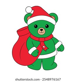 Bear with a Santa sack full of presents color vector element .