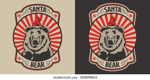 Bear Santa Wear Hat with Stripe Background Retro Design Vector Badge Vintage Christmas Isolated Illustration