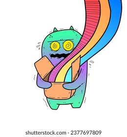 A bear was scared when he opened a box containing a rainbow