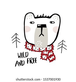 С oso con una bufanda. Se puede usar para diseño de camisa, diseño de impresión de moda, uso infantil, diseño textil, tarjeta de felicitación, tarjeta de invitación.
