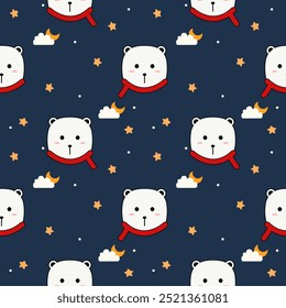 Oso polar buena noche de dibujos animados tan lindo. Sobre fondo azul de luna de nube de estrella. Patrón de Ilustración vectorial sin fisuras. 

