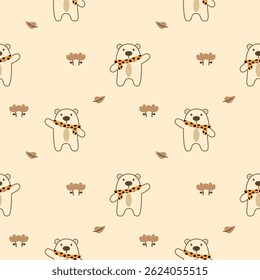 Bear and scarf cartoon so cute. On leaf flower background. Pattern seamless vector illustration. 