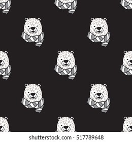 Bear Scarf polar bear Seamless Vector Pattern wallpaper isolated background Black
