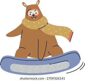 Oso en bufanda monta un snowboard con Formas redondeadas y sombreado plano. Animal se desliza a bordo, líneas suaves y contornos limpios, cara amigable, pose dinámica. Ilustración vectorial de dibujos animados