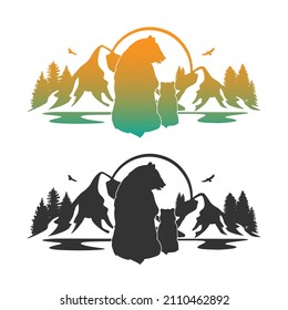 Forma de diseño de imágenes prediseñadas de la escena del oso. Montañas emblemáticas del vector de iconos de silueta.