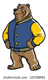 bear school mascot wearing varsity jacket
