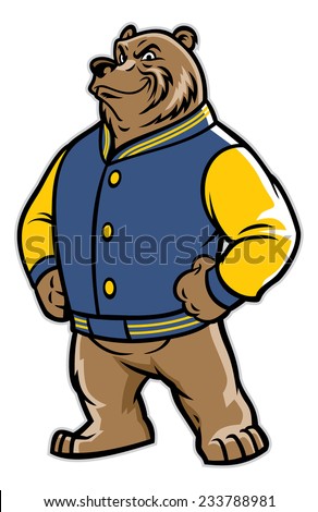 bear school mascot wearing varsity jacket