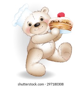 Bear scullion carrying a cake. Cake gift. White background