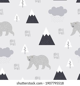 Bear Seamless Pattern Background, bear in the forest between mountain tree and raining cloud.
Vector design for paper, cover, wallpaper, fabric, textile, interior decor and other project.