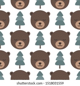 Bear seamless pattern background, Sleepy cute bear in the woodland forest, Vector illustration