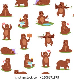 Bear seamless pattern, cartoon cute animal, repeat pattern, ornament print texture, design, cartoon style vector illustration. Fun kindergarten, sweet, polar background, wildlife element, funny print.