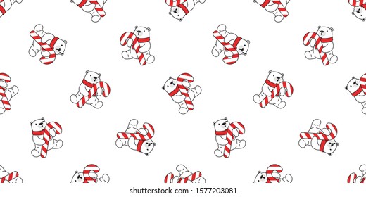 bear seamless pattern Christmas polar vector candy cane Santa Claus hat scarf isolated repeat wallpaper teddy cartoon tile background illustration doodle white design