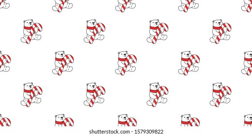 bear seamless pattern Christmas polar vector Santa Claus hat candy cane scarf isolated repeat wallpaper teddy cartoon tile background illustration doodle white design