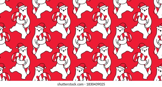 bear seamless pattern Christmas polar vector Santa Claus hat candy cane cartoon repeat wallpaper teddy scarf isolated tile background doodle illustration design