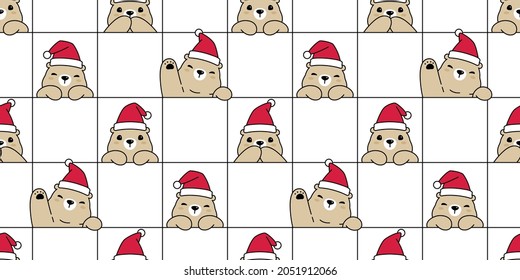 bear seamless pattern Christmas polar vector Santa Claus hat checked repeat wallpaper teddy cartoon tile background illustration scarf isolated doodle design