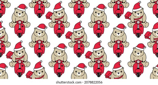 Bear seamless pattern christmas polar bear santa claus vector riding bike motorcycle scooter cartoon doodle repeat background tile wallpaper illustration design