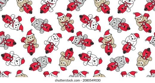 Bear seamless pattern christmas polar bear santa claus vector riding bike motorcycle scooter doodle cartoon repeat background tile wallpaper illustration design