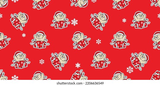 bear seamless pattern Christmas polar Santa Claus hat gift box snowflake vector teddy cartoon wrapping paper repeat wallpaper tile background doodle scarf isolated illustration design