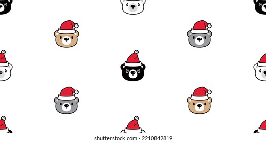 bear seamless pattern Christmas polar Santa Claus hat vector teddy head face cartoon wrapping paper repeat wallpaper tile background doodle scarf isolated illustration design