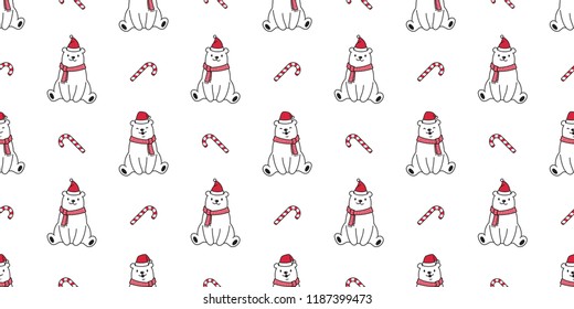 bear seamless pattern Christmas vector polar bear Santa Claus Xmas hat candy cane snow winter scarf cartoon isolated tile background repeat wallpaper illustration white