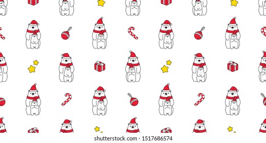 Bear seamless pattern Christmas vector polar bear Santa Claus hat scarf isolated candy cane gift box cartoon repeat background tile wallpaper illustration doodle design