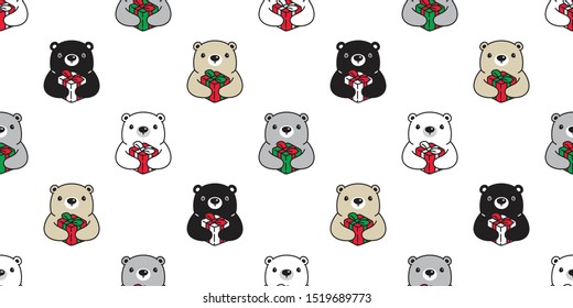 Bear seamless pattern Christmas vector polar bear Gift box Santa Claus hat scarf isolated cartoon repeat background tile wallpaper illustration doodle design