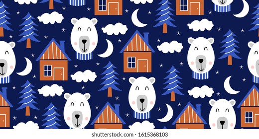 Bear seamless pattern with cute animal illustration. Background for baby fashion textile and kids. Vector hand drawn funny character.