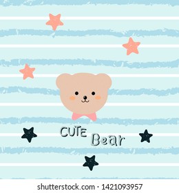 Bear seamless pattern, Cute cartoon bear with star on blue background vector illustration. Baby shower card.