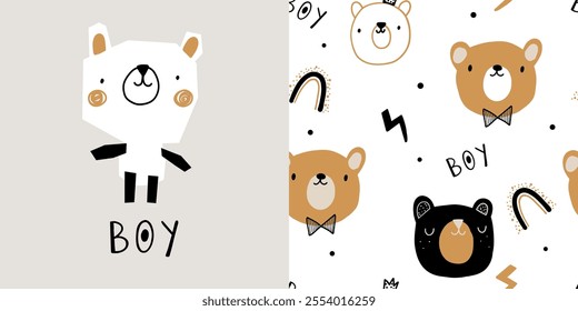 Bear seamless pattern face dream forest nursery minimalist animal for toddler baby newborn apparel, clothes vector print illustration.