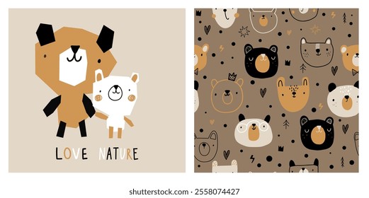 Bear seamless pattern face dream forest nursery minimalist animal for toddler baby newborn apparel, clothes vector print illustration.