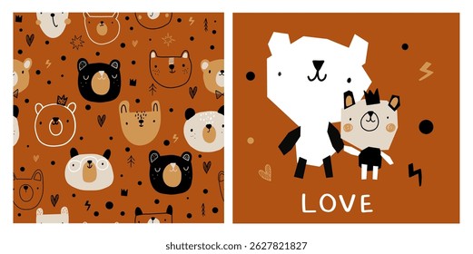 Bear seamless pattern face dream forest nursery minimalist animal for toddler baby newborn apparel, clothes vector print illustration.