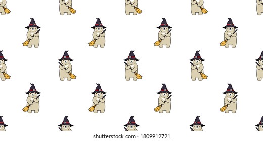 bear seamless pattern Halloween polar bear witch broom hat vector ghost tile background repeat wallpaper scarf isolated cartoon character illustration design