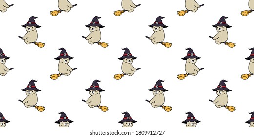 bear seamless pattern Halloween polar bear witch broom hat vector flying ghost tile background repeat wallpaper scarf isolated cartoon character illustration design