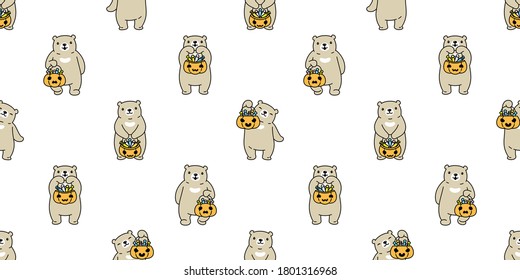 bear seamless pattern Halloween pumpkin polar bear candy basket vector repeat wallpaper ghost scarf isolated tile background cartoon character doodle illustration design