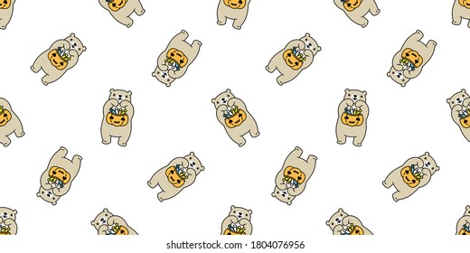 bear seamless pattern Halloween pumpkin polar bear candy basket vector repeat wallpaper ghost tile background scarf isolated cartoon character doodle illustration design