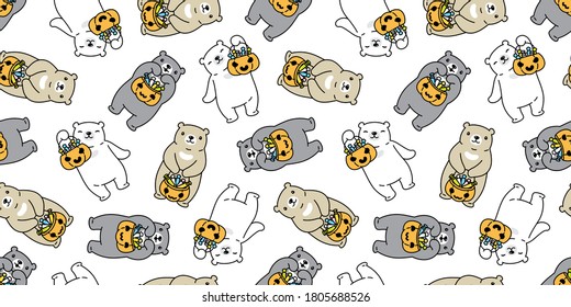 bear seamless pattern Halloween pumpkin polar bear candy basket vector ghost tile background repeat wallpaper scarf isolated cartoon character illustration design