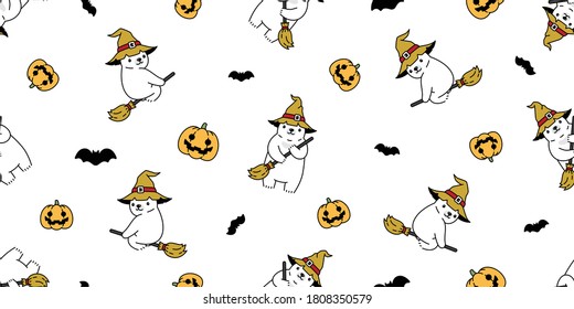 bear seamless pattern Halloween pumpkin polar bear witch broom hat vector bat ghost tile background repeat wallpaper scarf isolated cartoon character illustration design