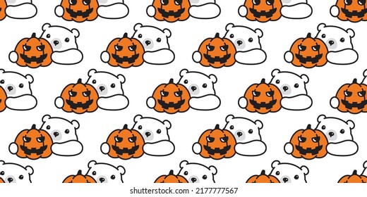 bear seamless pattern Halloween pumpkin polar bear vector repeat wallpaper tile background scarf isolated gift wrapping paper cartoon character illustration design