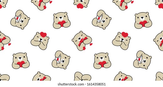 Bear seamless pattern heart valentine vector polar bear teddy cartoon scarf isolated repeat wallpaper tile background illustration doodle brown design