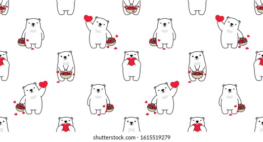 Bear seamless pattern heart valentine vector polar bear teddy basket cartoon scarf isolated repeat wallpaper tile background illustration doodle brown white design