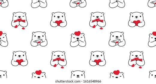Bear seamless pattern heart valentine vector polar bear teddy cartoon scarf isolated repeat wallpaper tile background illustration doodle white design
