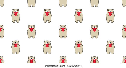 Bear seamless pattern heart valentine vector polar bear teddy hug cartoon scarf isolated repeat wallpaper tile background illustration doodle brown design