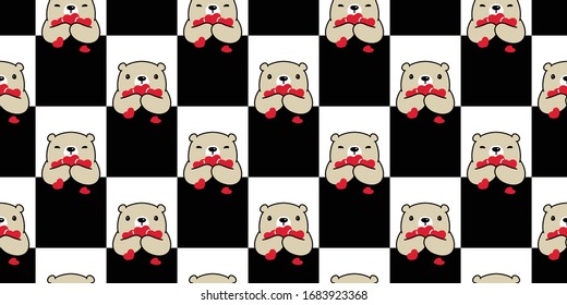 Bear seamless pattern heart valentine vector polar bear teddy cartoon checked scarf isolated repeat wallpaper tile background illustration doodle brown design