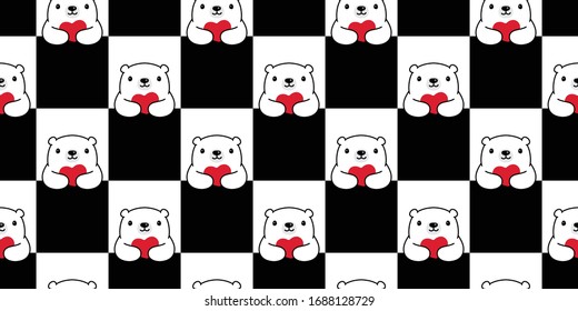 Bear seamless pattern heart valentine vector polar bear teddy cartoon checked scarf isolated repeat wallpaper tile background illustration doodle white design