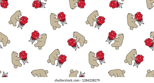 Bear seamless pattern heart vector polar bear valentine shopping cart bag cartoon illustration scarf isolated repeat wallpaper tile background