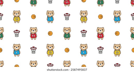 bear seamless pattern polar bear basketball net sport vector teddy cartoon doodle tile background gift wrapping paper repeat wallpaper scarf isolated illustration design