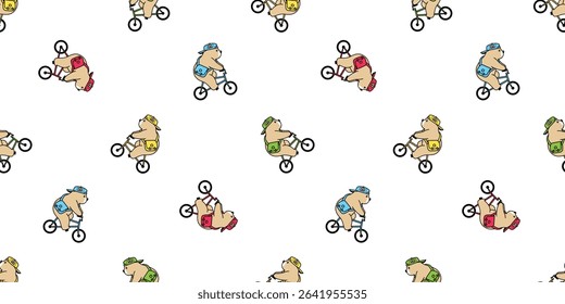 bear seamless pattern polar bear bicycle riding cycling cap hat vector cartoon doodle teddy gift wrapping paper tile background repeat wallpaper scarf isolated illustration design