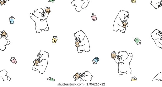 bear seamless pattern polar bear Boba milk tea vector bubble milk tea cartoon scarf isolated repeat wallpaper tile background doodle illustration white design