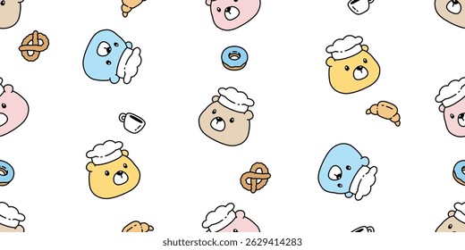 bear seamless pattern polar bear chef cooking food baked bakery croissant vector face head cartoon donut pretzel coffee cup doodle teddy tile background gift wrapping paper repeat wallpaper scarf isol